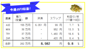 FXシストレ・高金利通貨スワップ-先週の運用結果!17週119日